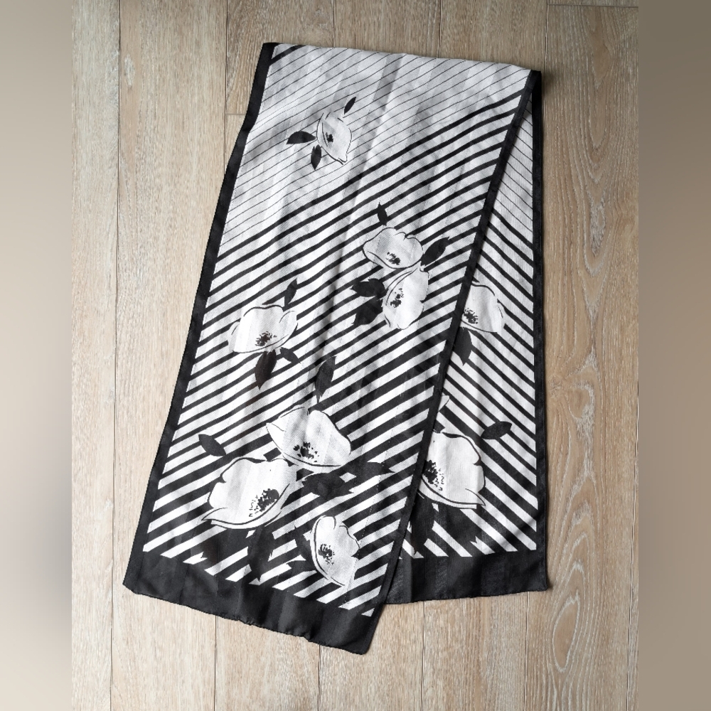 Vintage scarf black and white floral and stripes